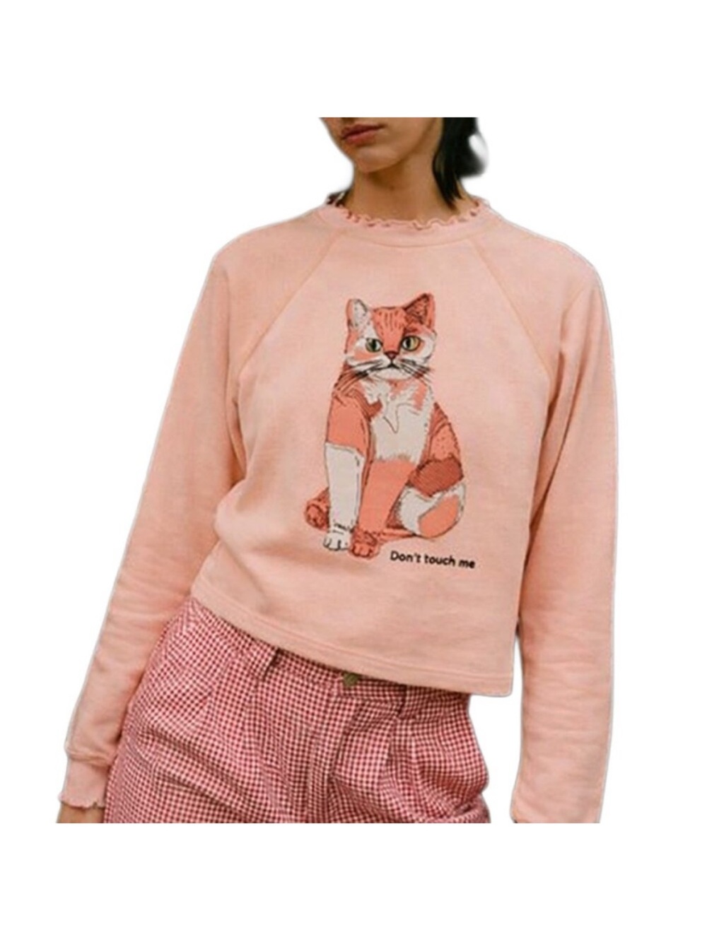 Teddy Fresh don’t touch me cat appliqué long sleeve top sweatshirt peach ruffle